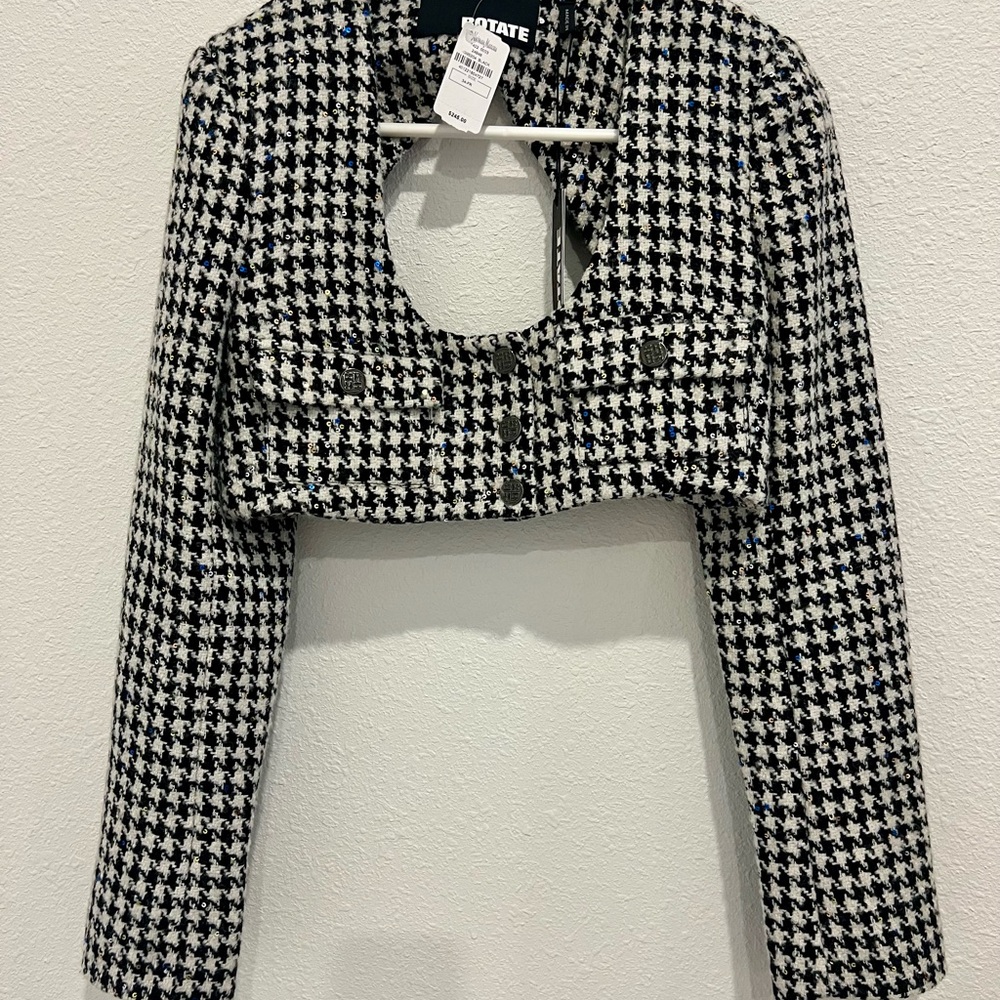 ROTATE Houndstooth Black and White sequin cropped jacket - Picture 3 of 7